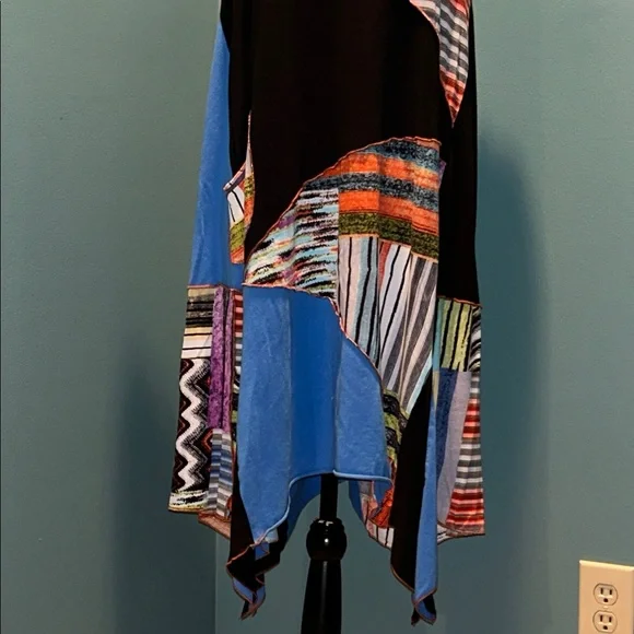 Sleeveless Patchwork Print Handkerchief Hem Dress - Blue & Black Size Large - Picture 3 of 14